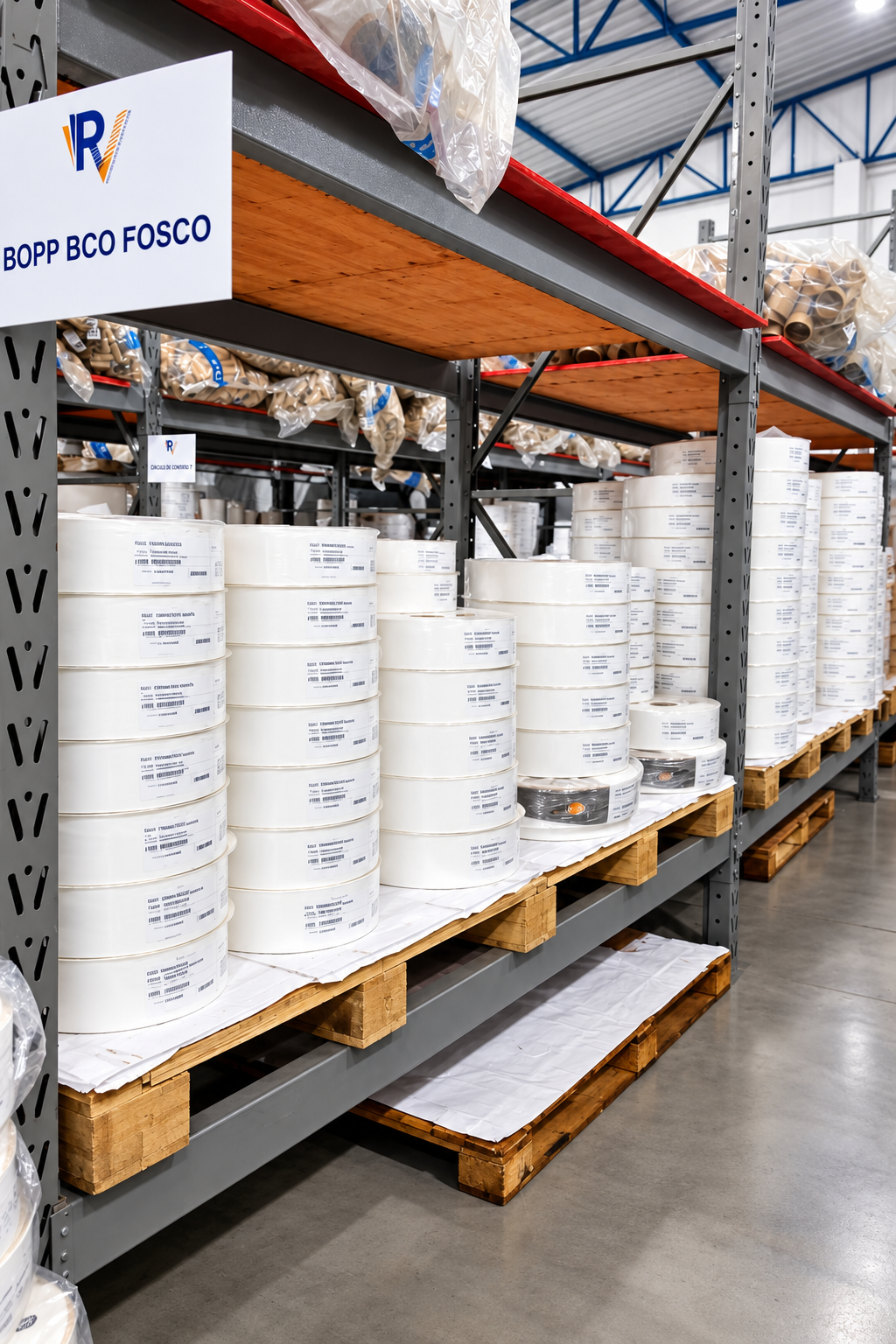 Estoque organizado da RV Produtos Gráficos com bobinas de materiais flexográficos